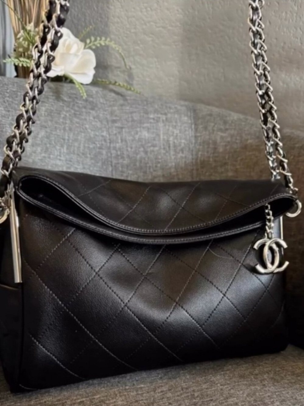 NEW! CHANEL GWP VIP Black Shoulder Bag with Silver Chain and CC Charm
